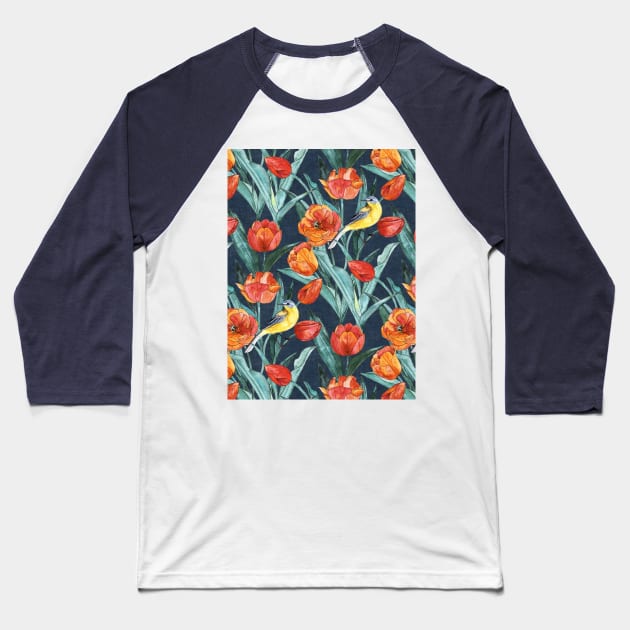 Blue Headed Wagtail in the Tulips - Indigo and Orange Baseball T-Shirt by micklyn